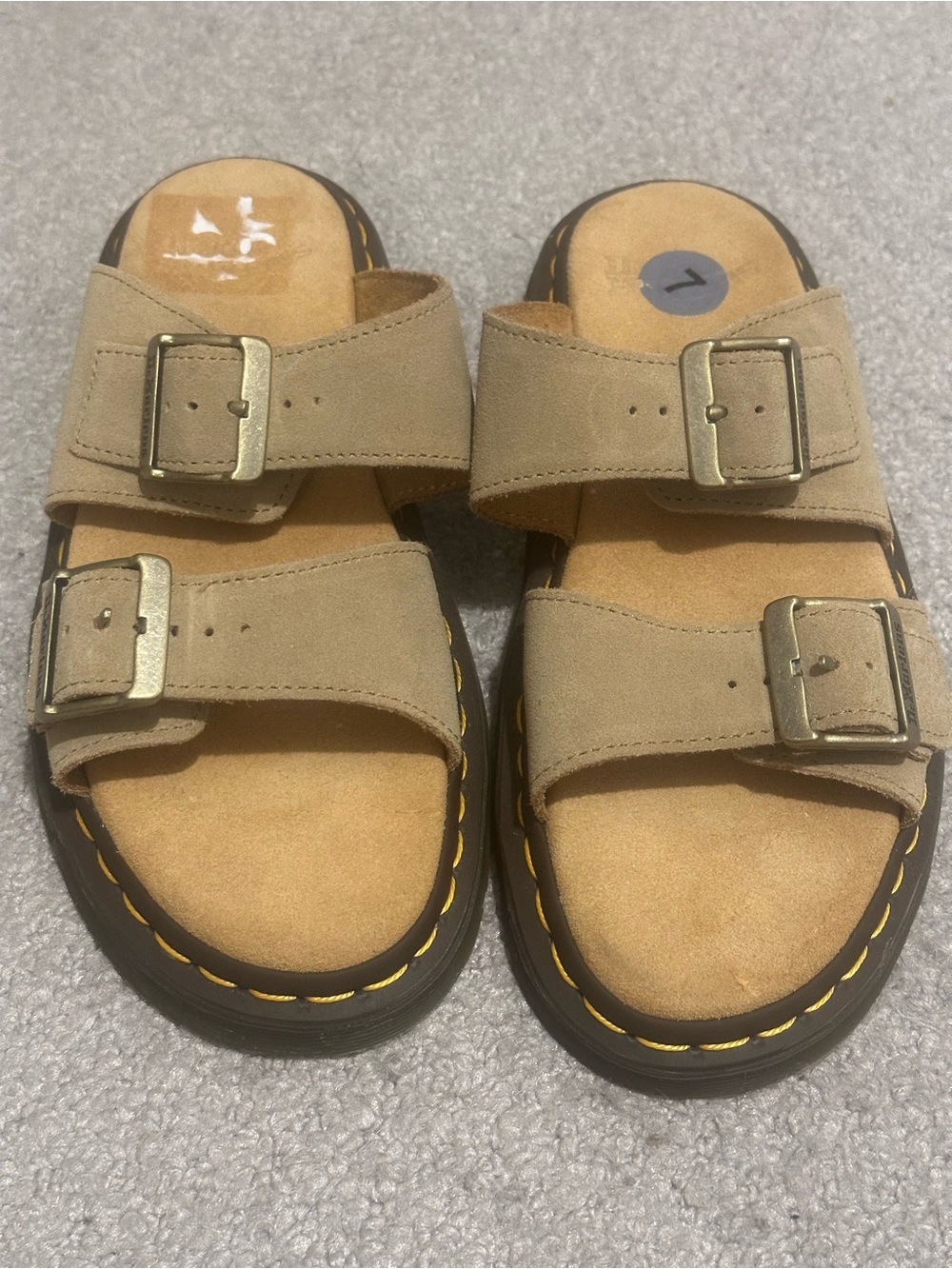 Dr. Martens Tan Suede Double-Buckle Slide Sandals with Yellow Stitching